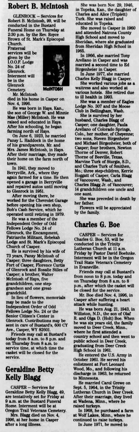 Casper, WY - Blagg obituary Blagg Geraldine Betty (Thorne) Kelly Blagg died 4 Nov 1996 = clipped from Casper Star Tribune, Wed. 6 Nov 1996, p 13.